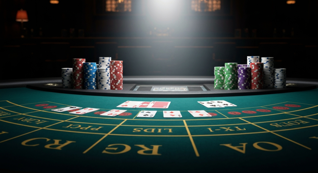 High-stakes baccarat table with chips and cards