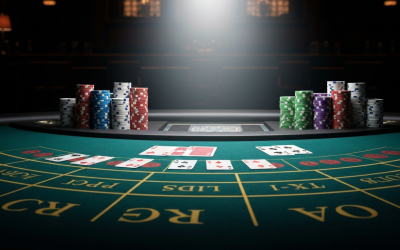 High-stakes baccarat table with chips and cards