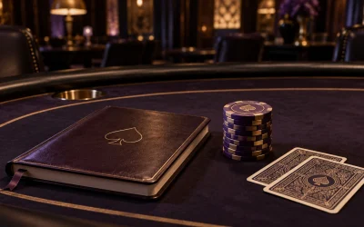 An empty professional poker table with one neatly arranged chip stack and a closed biographical notebook